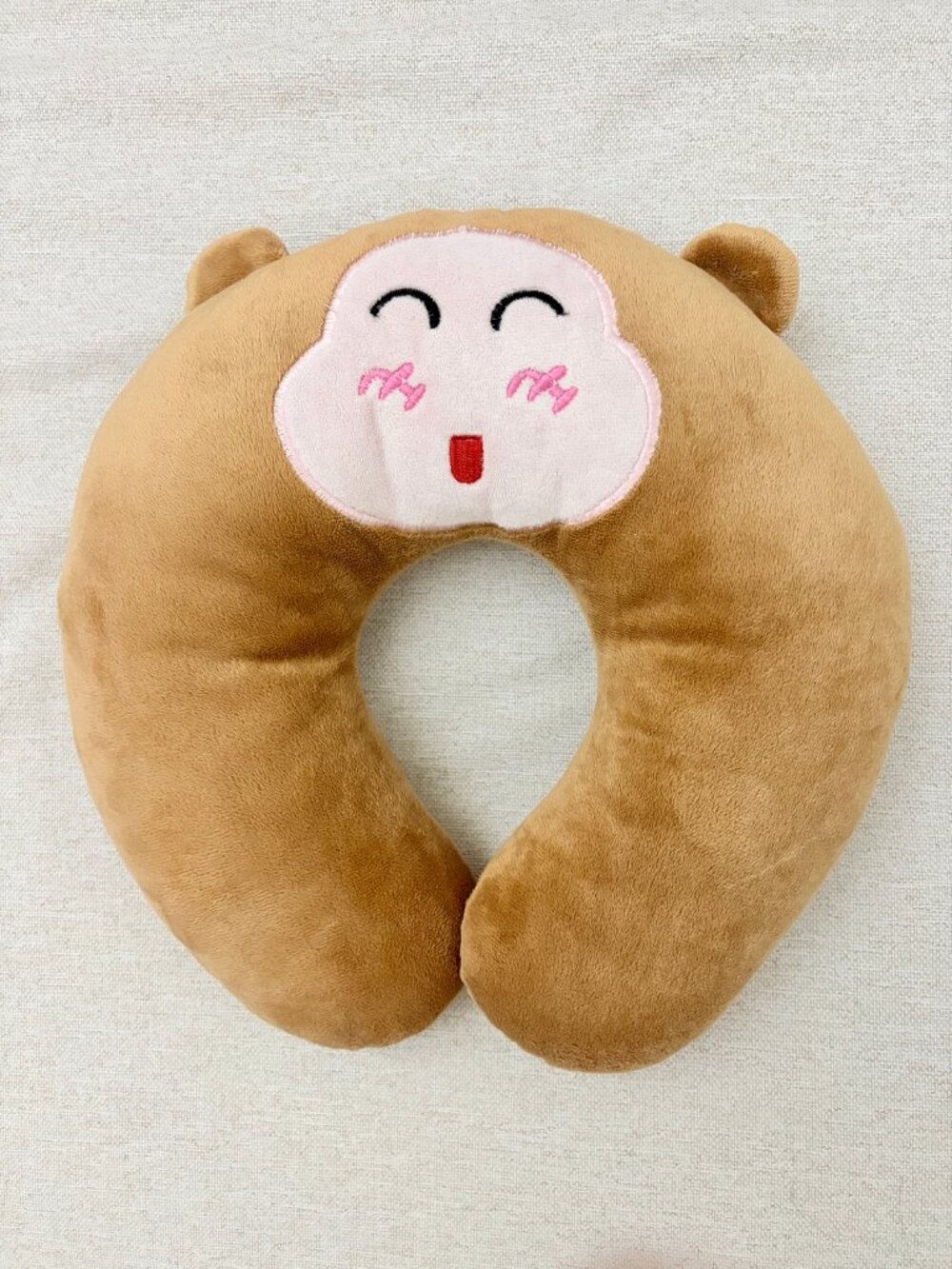 Plush Travel Neck Pillow, Monkey Face, U Shape, Brown, Cute